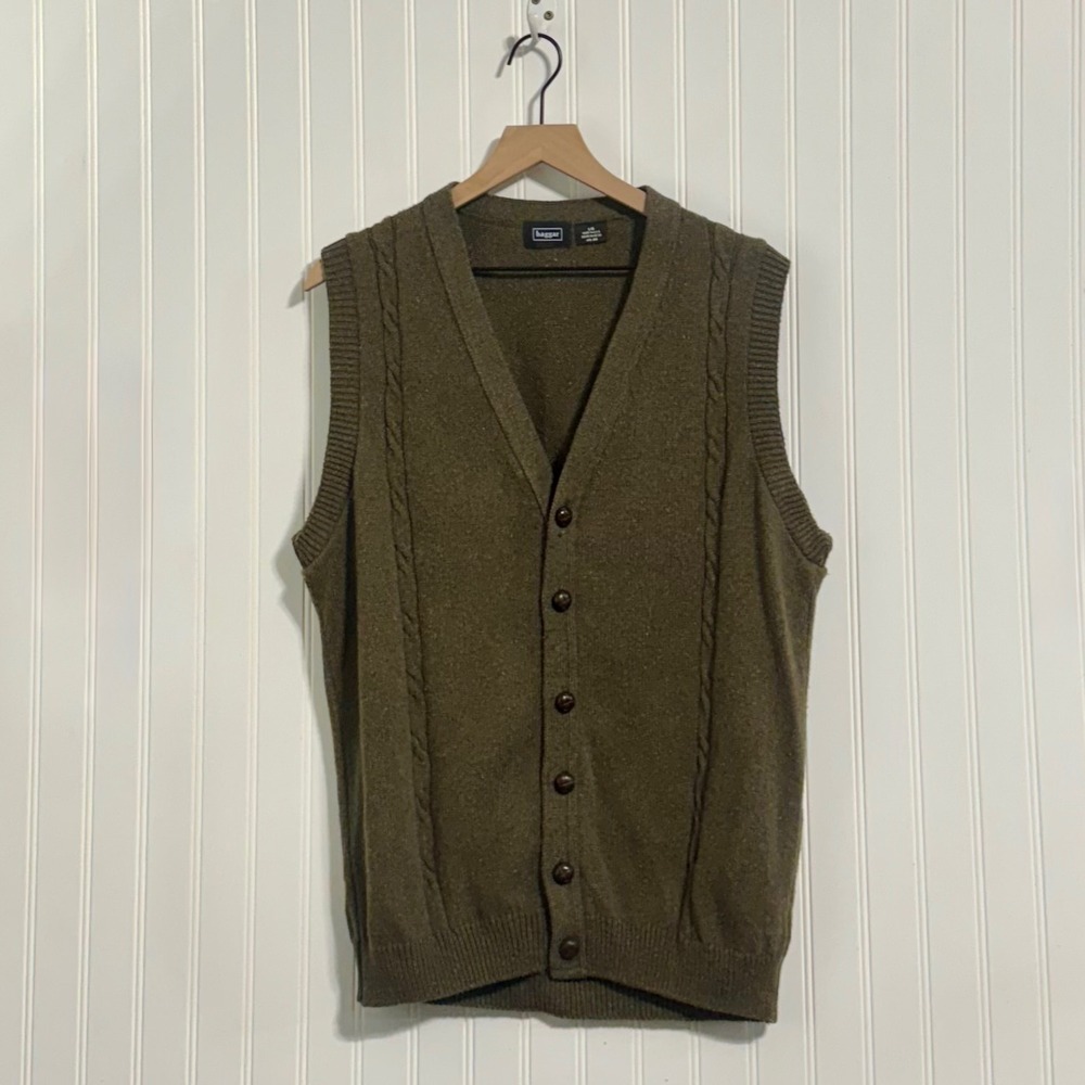 Haggar Mens Sweater Vest Large Olive Green Cotton Knit Made in USA Old Money VTG